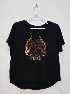 Harley Davidson Women's Size 2XL Black Shirt Metallic Flaming Skull